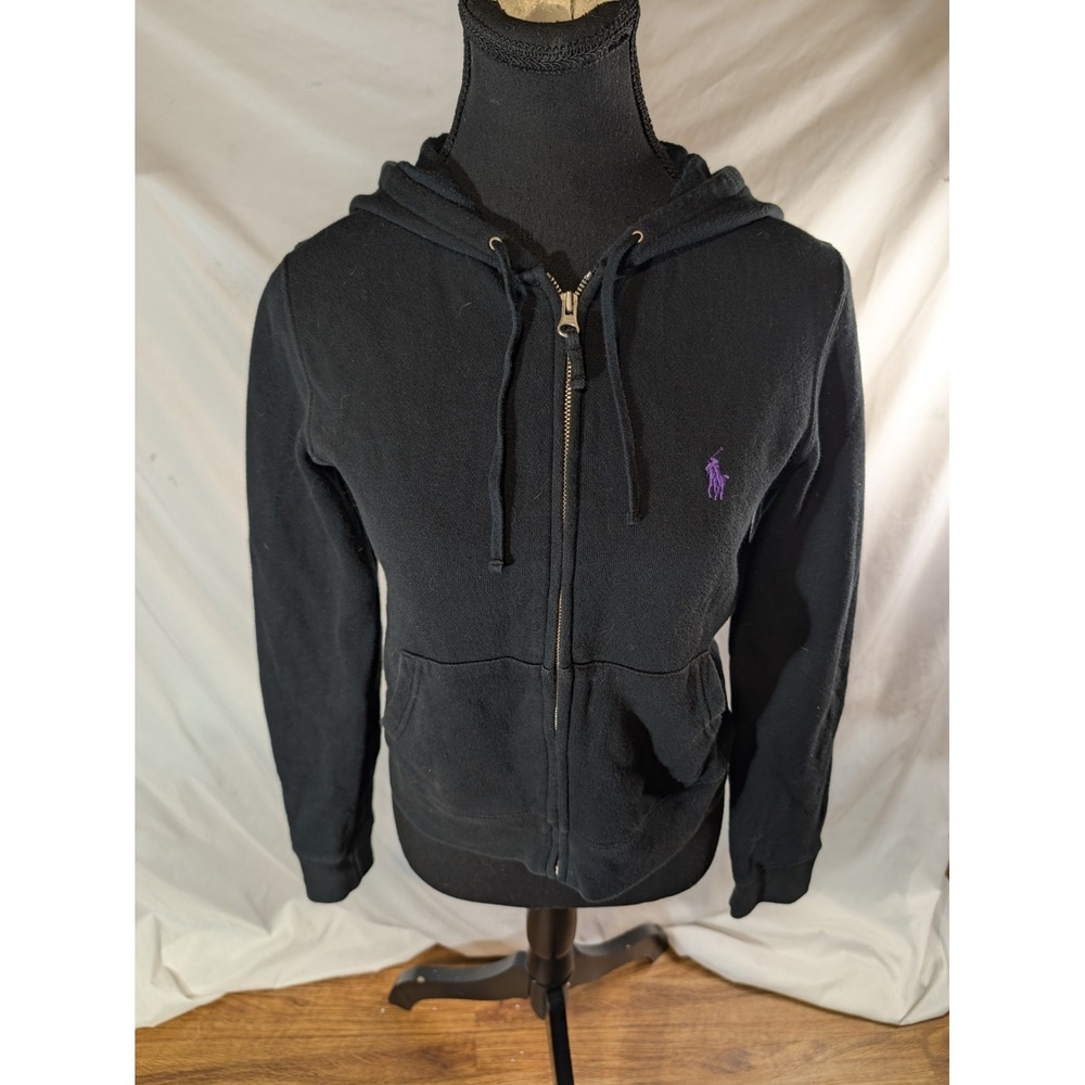 Vtge Ralph Lauren Sport Hoodie Womens S Black Full Zip Sweatshirt Pony Logo